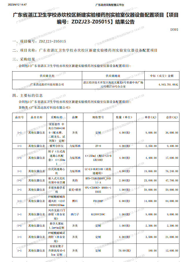 廣東省湛江衛(wèi)生學校赤坎校區(qū)新建實驗樓藥劑實驗室儀器設備配置項目【項目 編號：ZDZJ23-Z05015】結果公告(圖1)