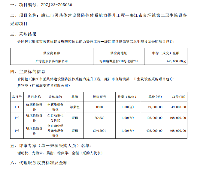 廉江市醫(yī)共體建設(shè)暨防控體系能力提升工程—廉江市良垌鎮(zhèn)第二衛(wèi)生院設(shè)備采購項(xiàng)目【項(xiàng)目編 號：ZDZJ23-Z05030】（包 1）結(jié)果公告(圖1)